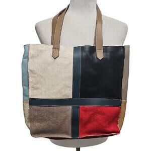 Vera Pelle Made in Italy Color Block Patchwork Leather Tote Bag 14" x 14" x 3"
